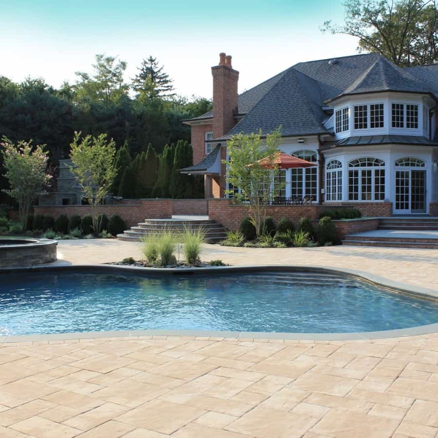 Free Form Custom Gunite Pool with Sheer Descent Waterfalls and Spill Over Gunite Spa - Old Westbury, Long Island NY