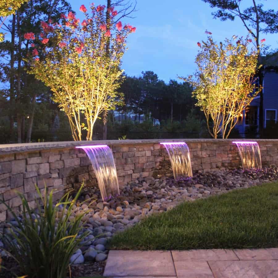 Triple Sheer Descent Waterfalls with LED Lighting with Low Voltage Uplighting – Center Moriches, NY