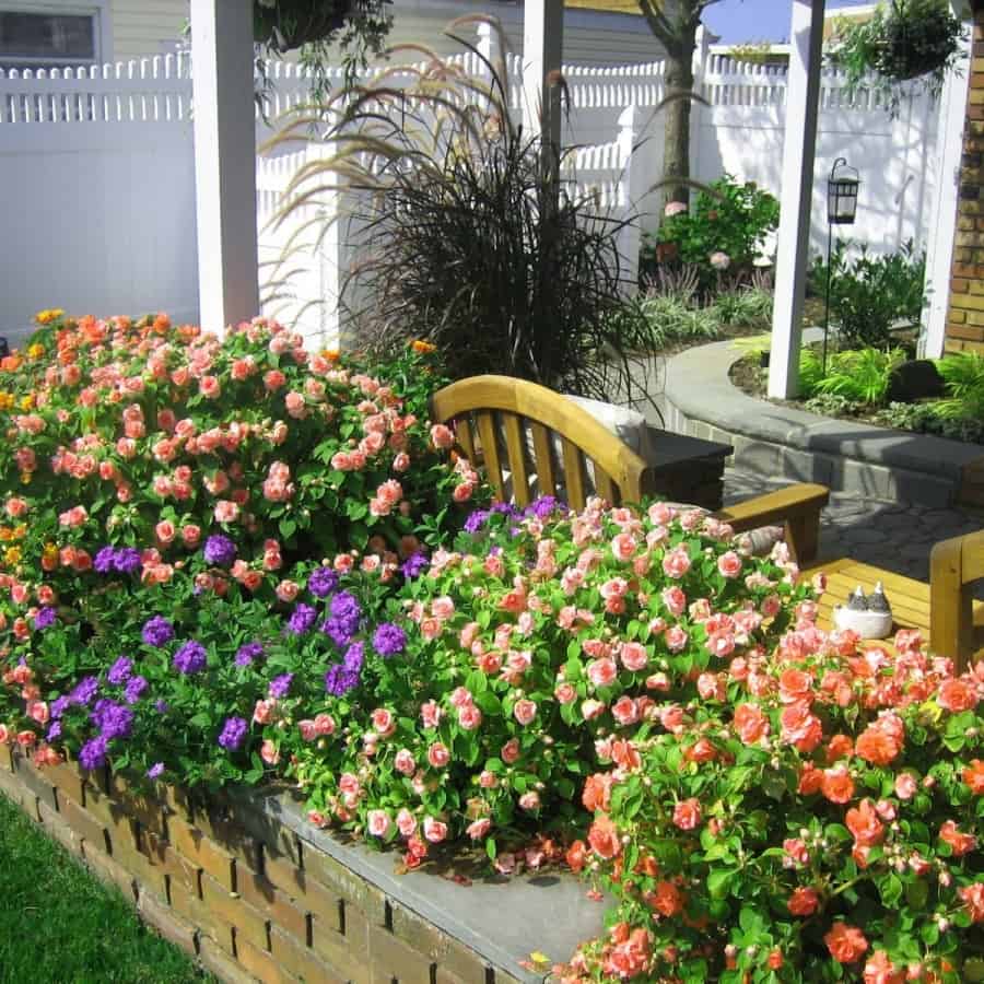Danish Brick planter with Bluestone Cap planted with Double Impatients - Massapequa Park, Long Island NY