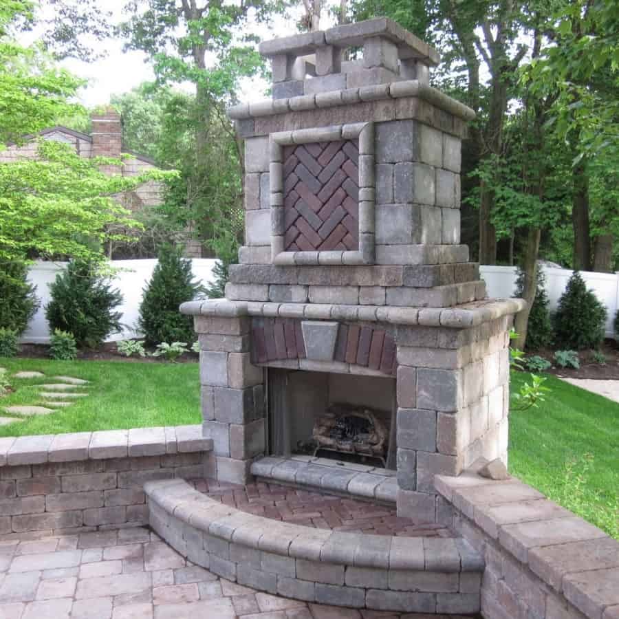 Unilock Tuscany Series Brussels Dimensional Stone Outdoor Fireplace accented with Copthorne and Brussels Fullnose - Gas Unit - Kings Park, Long Island NY
