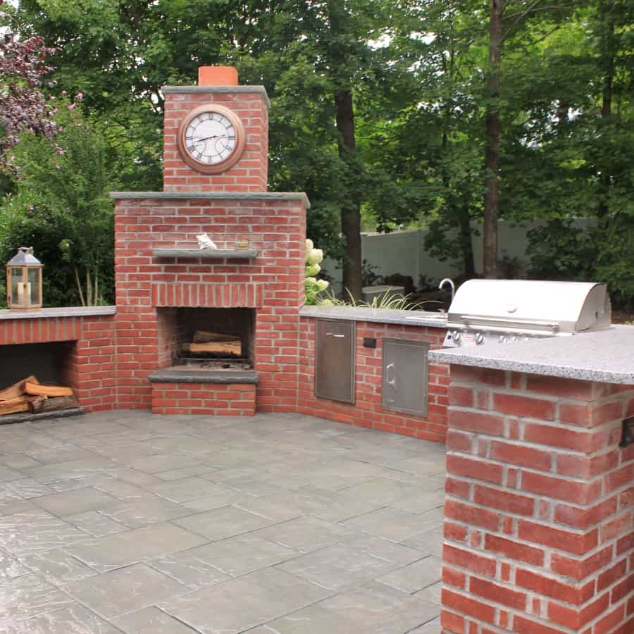 Natural Brick Fire Place with Rock Faced Bluestone Caps - Huntington, Long Island NY