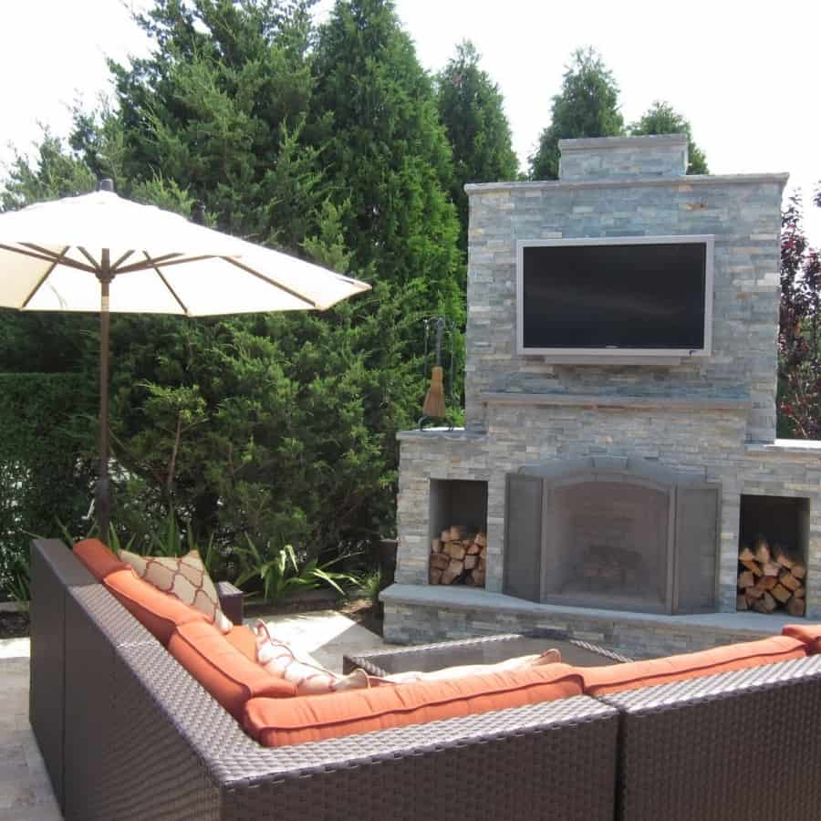 Outdoor Fireplace - East West Stone - Bayside Waters - with Bluestone Accents - Outdoor Flatscreen TV Mounted on Smoke Chamber