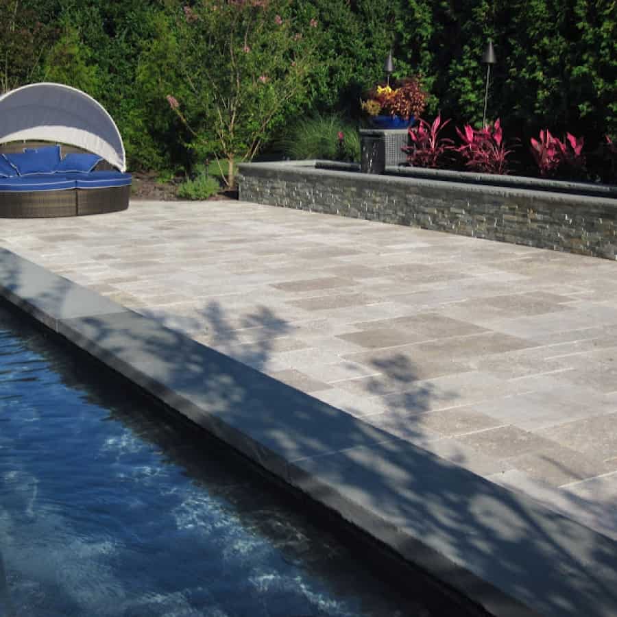 Gunite Reflecting Pools with Sheer Descent Pillars veneered in East West Stone - Bayside Waters and Glass Tile - Southampton, Long Island NY