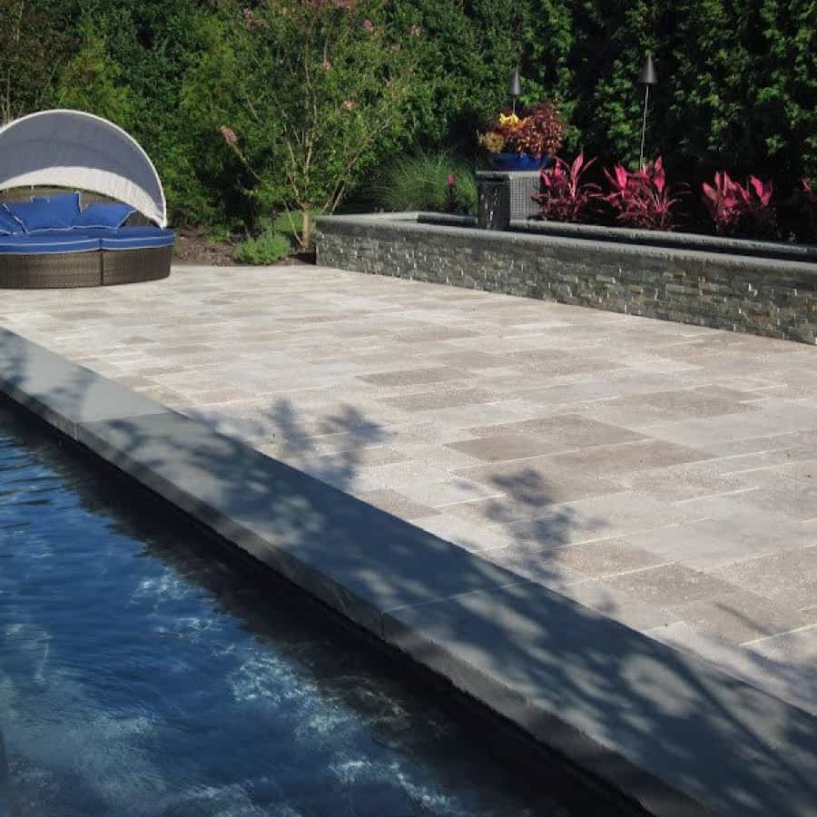 Gunite Reflecting Pools with Sheer Descent Pillars veneered in East West Stone - Bayside Waters and Glass Tile - Southampto​n, Long Island NY