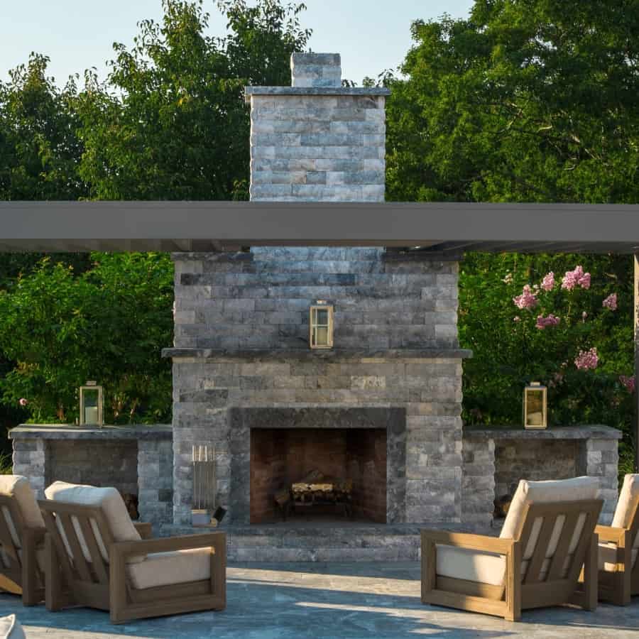 Grand Outdoor Fireplace with Pergola - Marmiro Stone Deep Blue - Southampton, Long Island NY