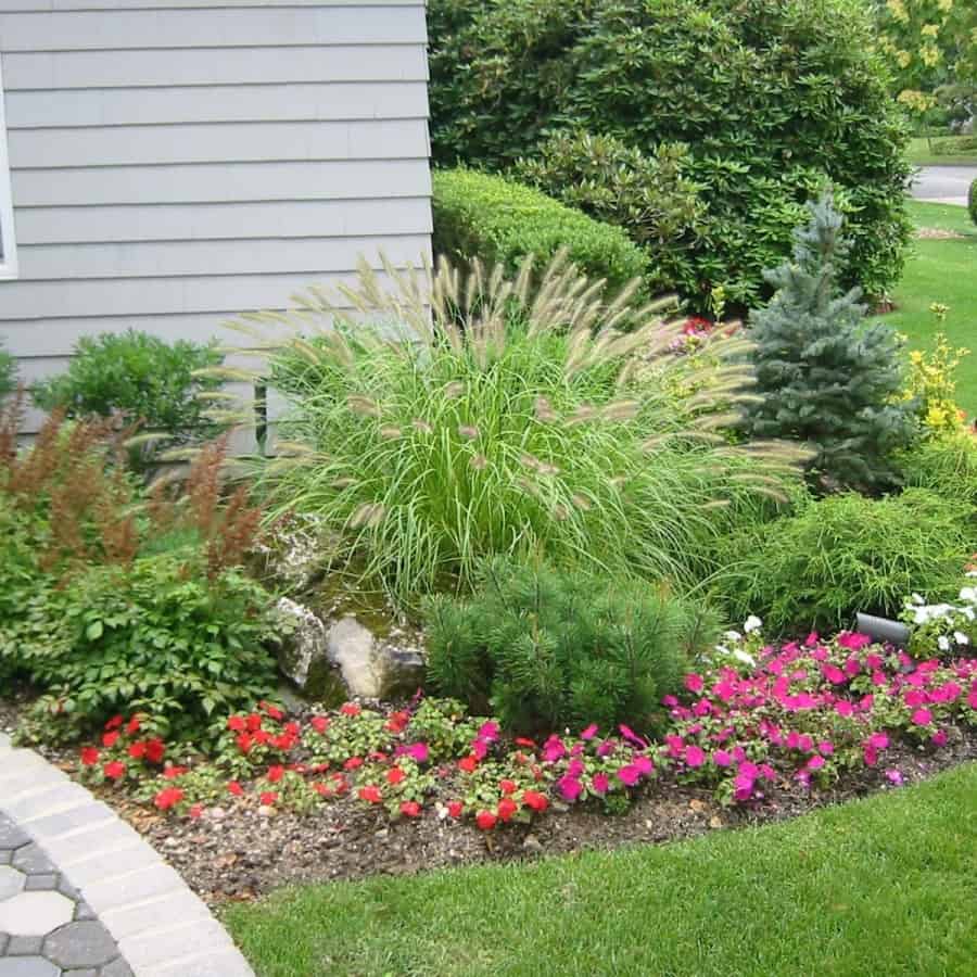 Landscape Plantings - Dwarf Fountain Grass, Baby Blue Eyes Spruce, mixed annuals and perennials - Babylon, Long Island NY