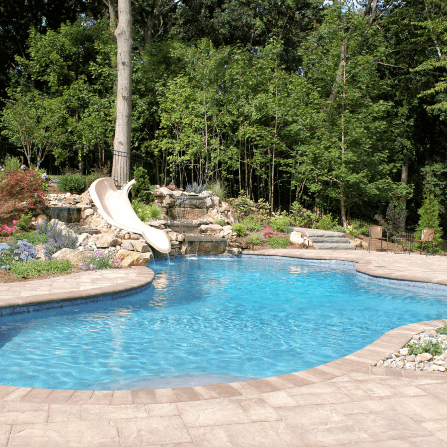 24' x 35' Free Form Gunite Pool with custom bench, slate tile, and Big Ride Slide - Woodbury, Long Island NY