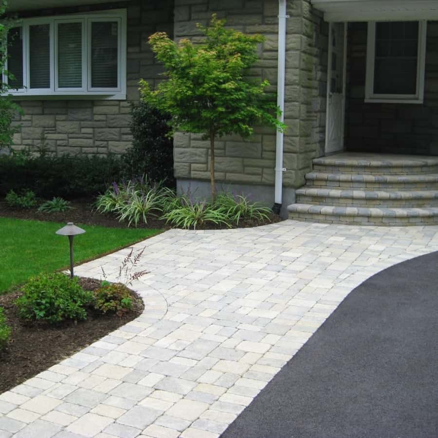 Asphalt driveway - Unilock Brussels Block Paver Walkway and Stoop - Color - Sandstone/Limestone - Huntington, Long Island NY