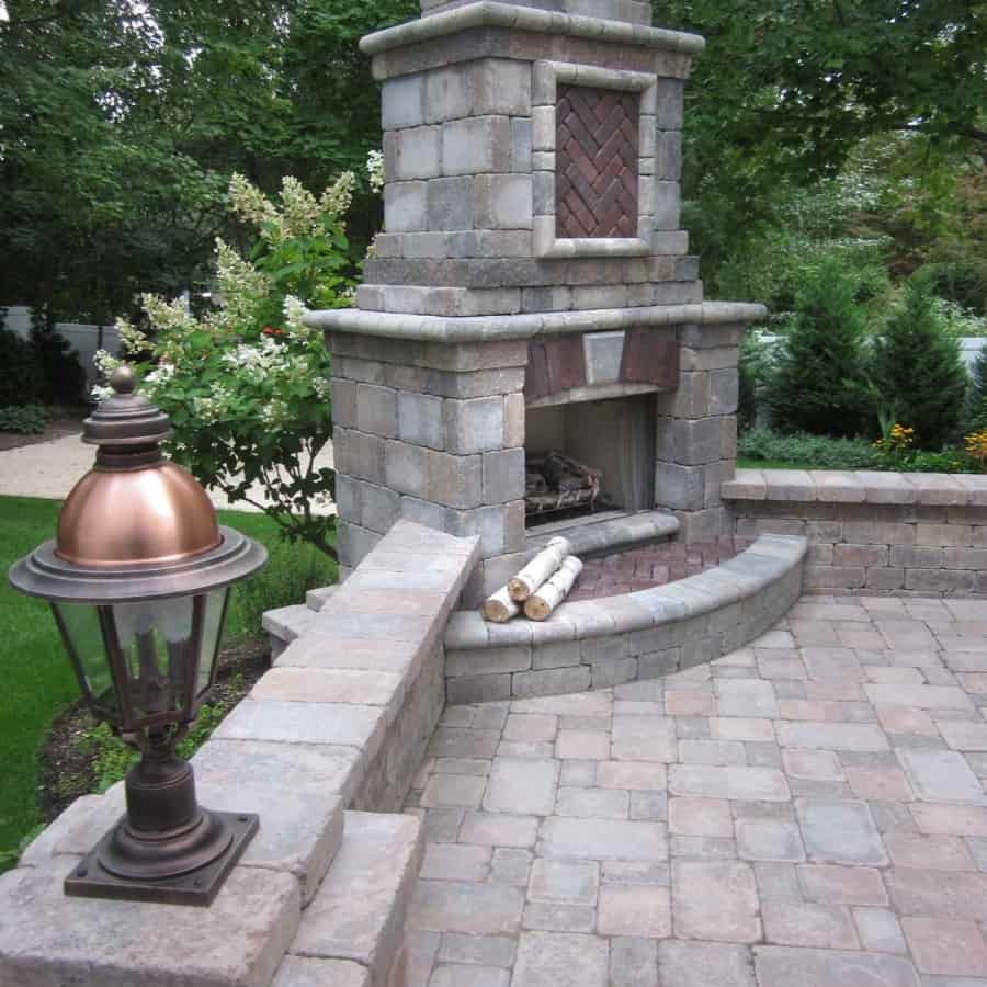 Unilock Tuscany Series Brussels Dimensional Stone Outdoor Fireplace accented with Copthorne and Brussels Fullnose - Gas Unit - Kings Park, Long Island NY