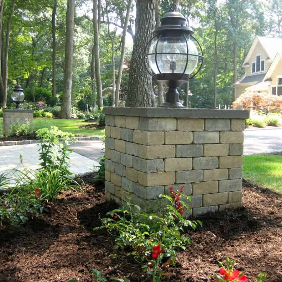 Entrance Piers - 2’ x 2’ x 2’ Masonry Pier - Unilock Brussels Block - Color - Sandstone/Limestone with Thermal Blustone Cap and Fixture - Dix Hills, Long Island NY