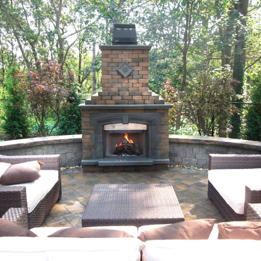 Outdoor Fireplace - Cambridge Olde English Wall Fireplace With Cast Stone Surround Deluxe - Toffee/Onyx - Smithtown, Long Island NY